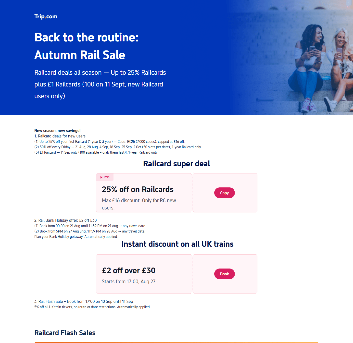 Trip.com Autumn Rail Sale page showing its 50% Railcard flash-sale dates