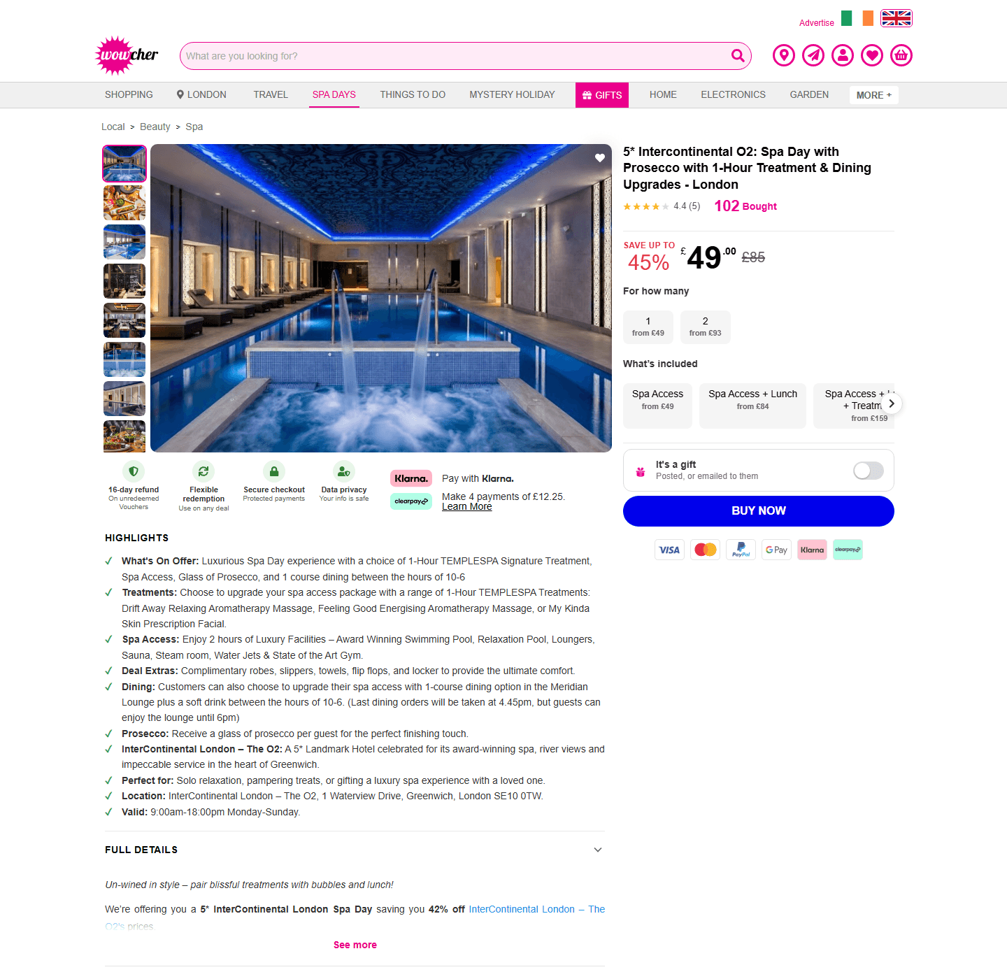 Screenshot of the checked Wowcher deal page showing the InterContinental London – The O2 spa-day price and inclusions
