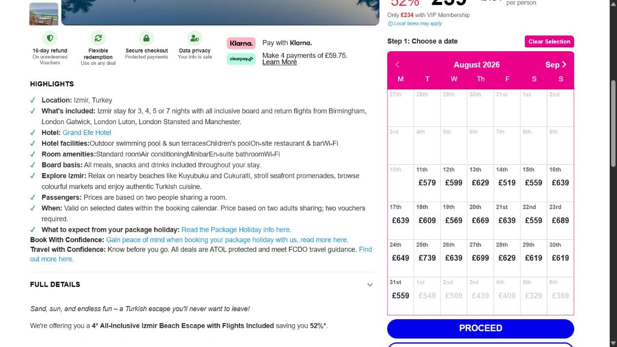 Wowcher Izmir all-inclusive holiday page checked on 4 August 2026