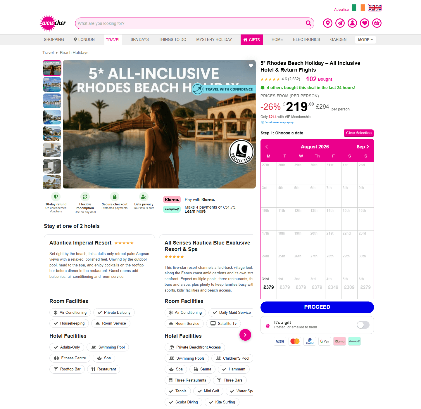 Wowcher Rhodes all-inclusive holiday page showing the £219 per person price and 26% saving
