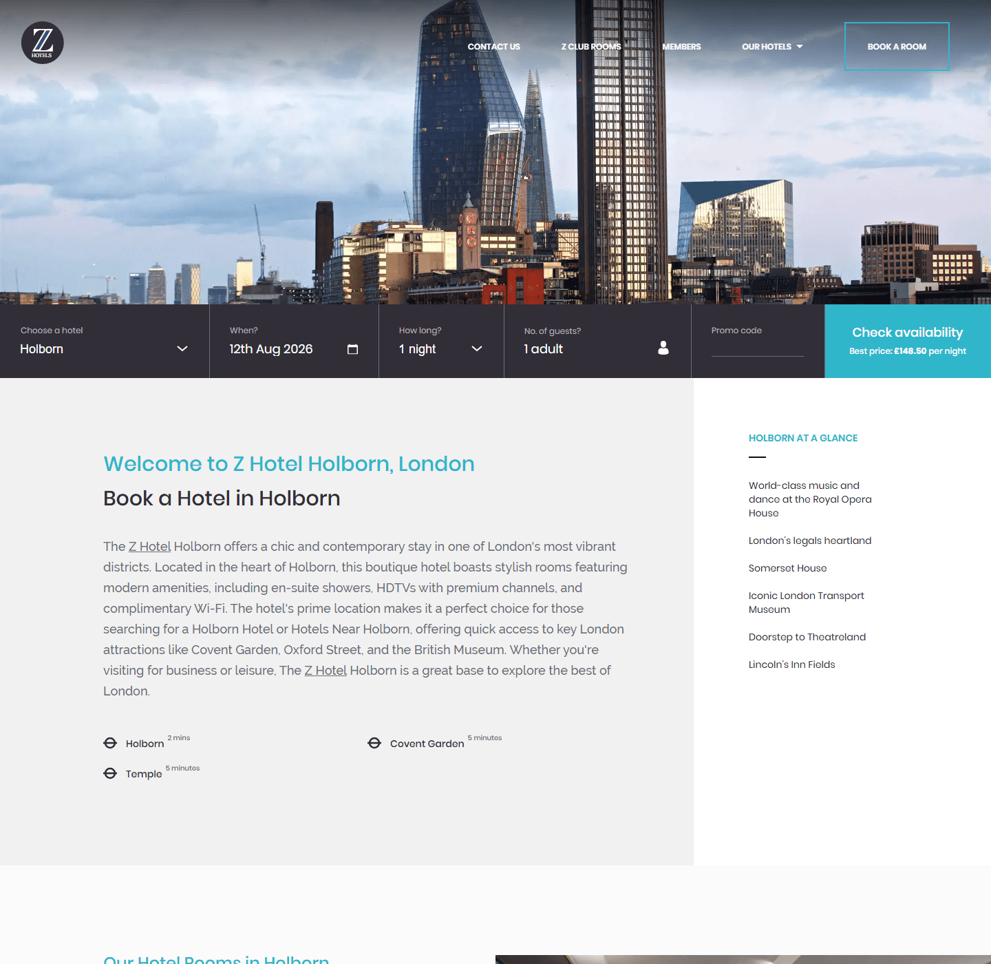 Z Hotels Holborn official booking page checked by Flight Tribe on 12 August 2026
