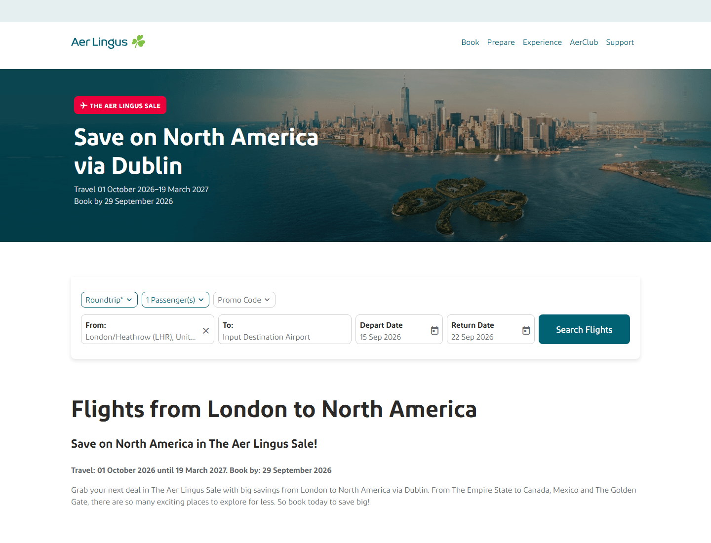 Aer Lingus North America sale page