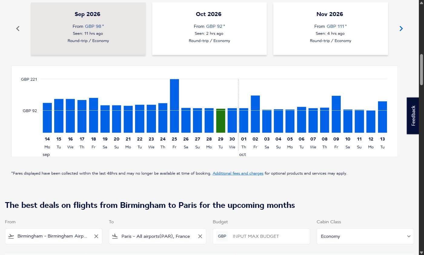Air France page showing Birmingham to Paris flights from £92