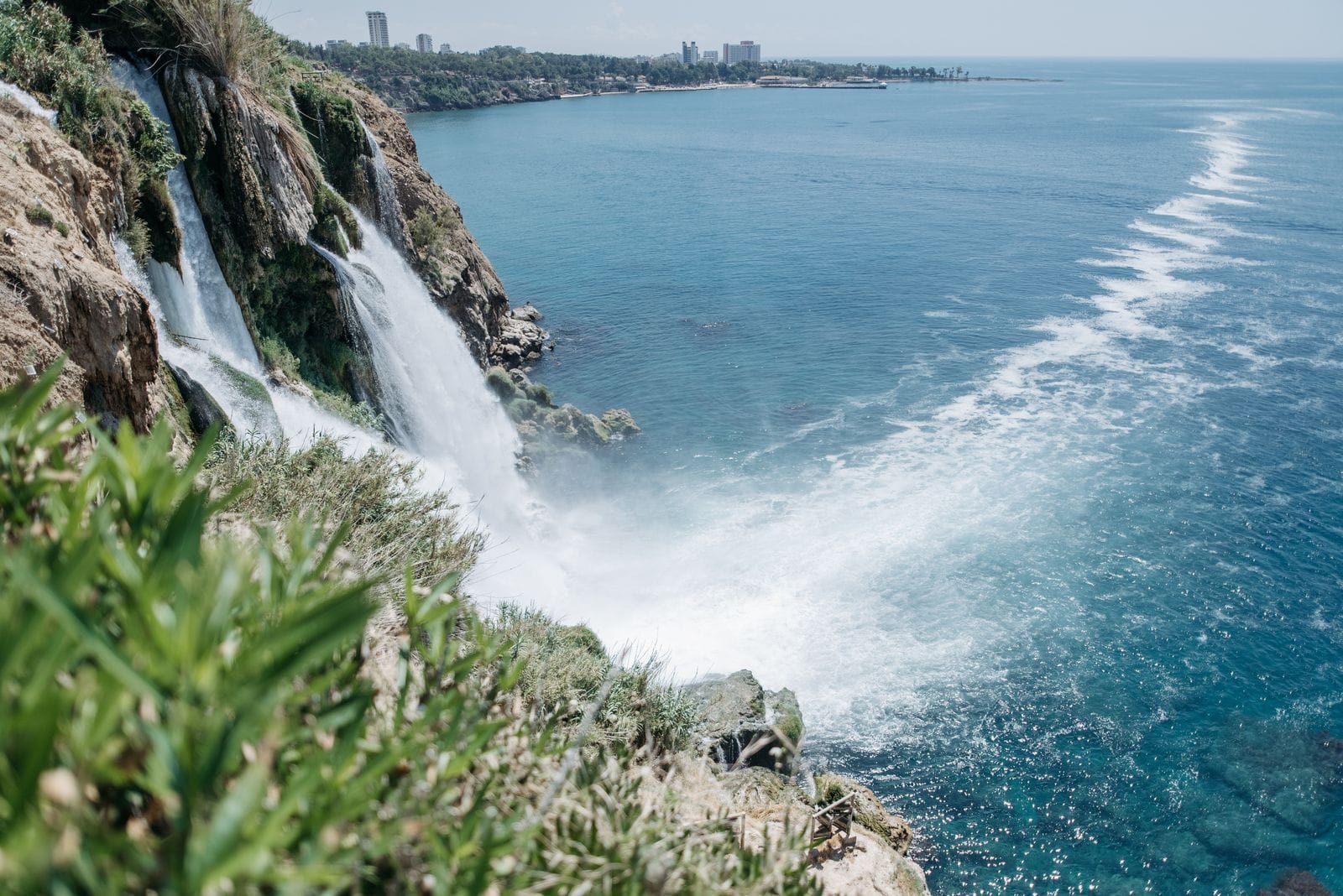 Lower Duden Waterfalls in Antalya cascading directly off a cliff into the Mediterranean Sea