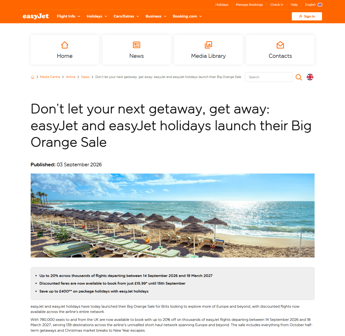 easyJet Big Orange Sale announcement showing up to 20% off flights and up to £400 off holidays