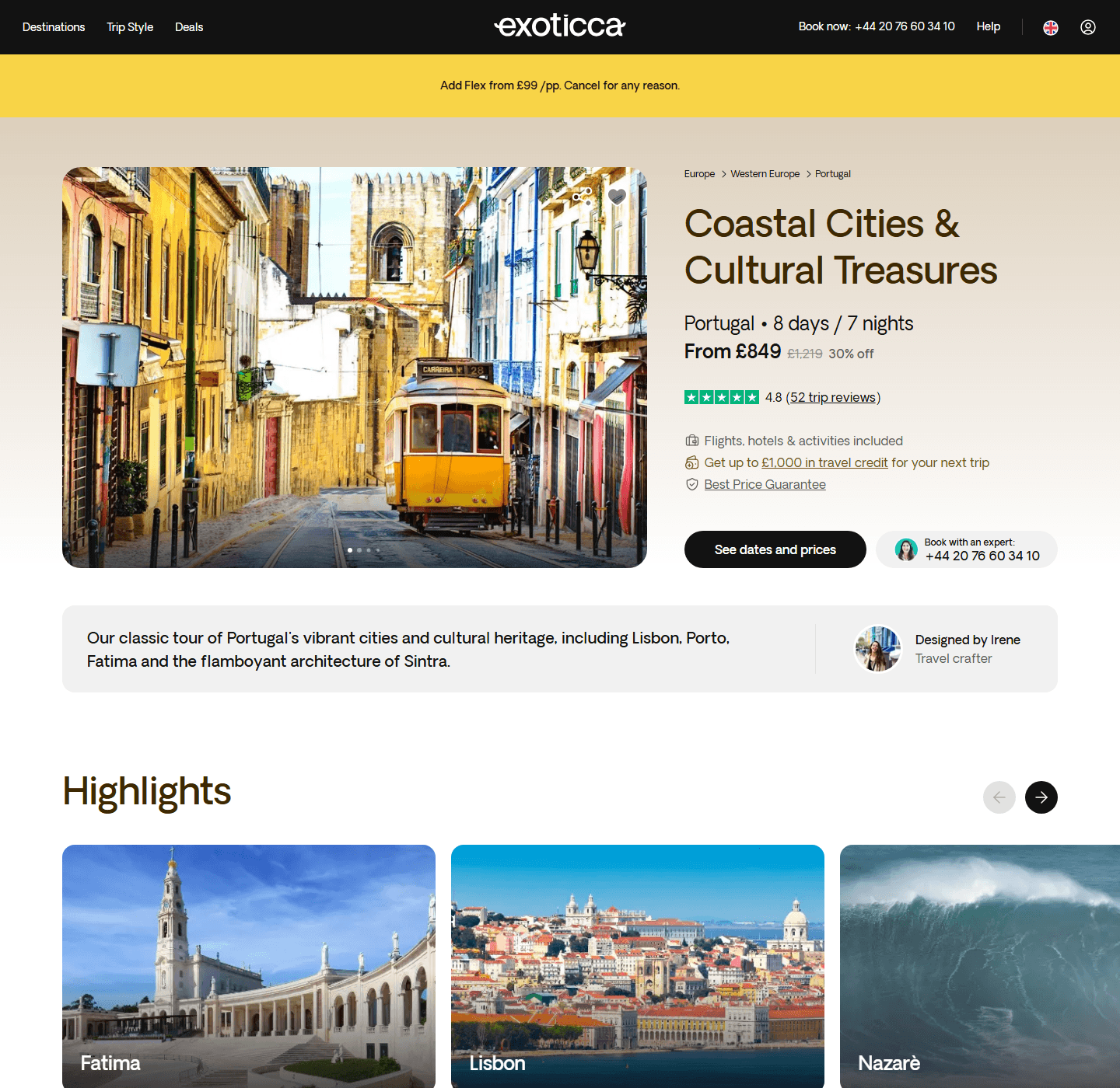 Exoticca Portugal tour showing eight days from £849 per person