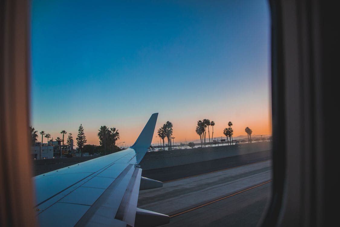 GoCompare reviews: a plane wing over a runway at sunset, palm trees beyond