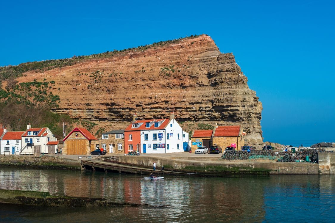 Sandstone cliffs above the fishing village of Staithes on the North Yorkshire coast