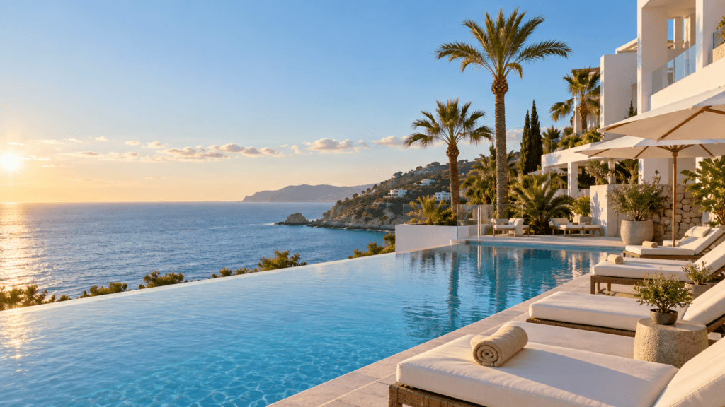 Illustrative Mediterranean hotel pool and sea view