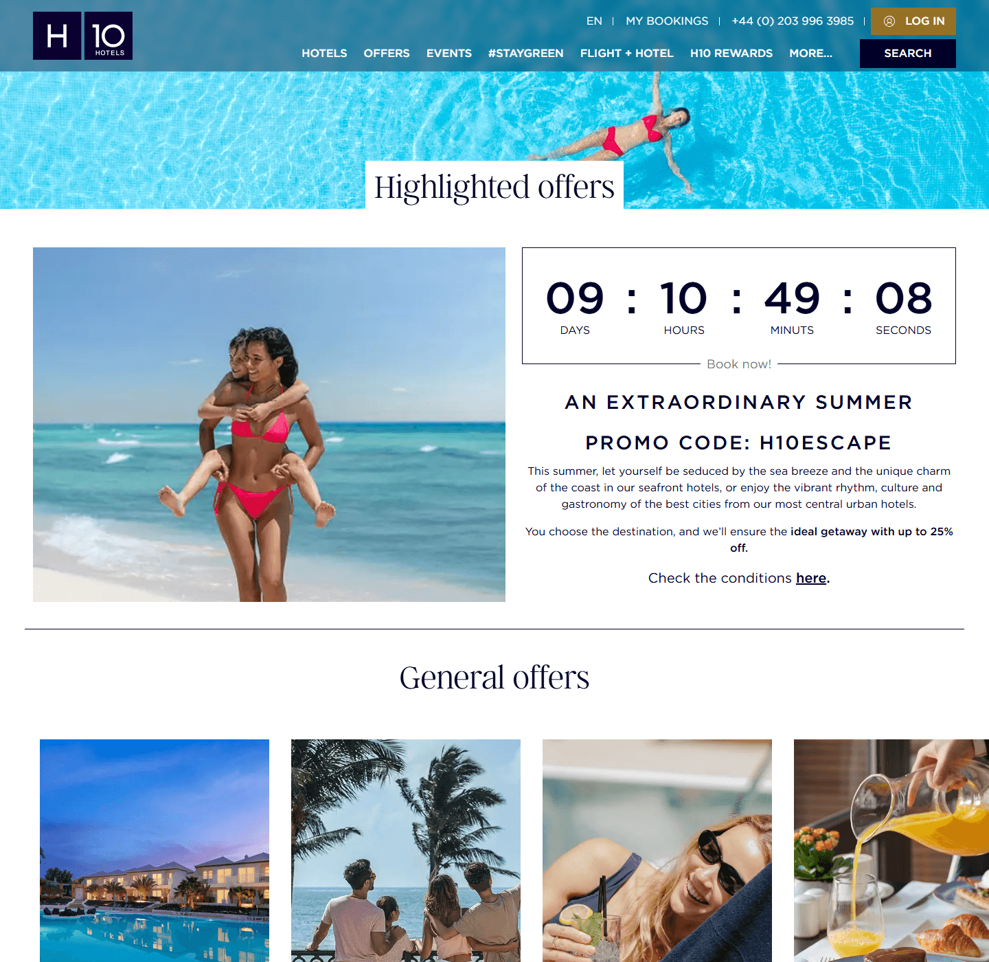 H10 Hotels promotional discounts page