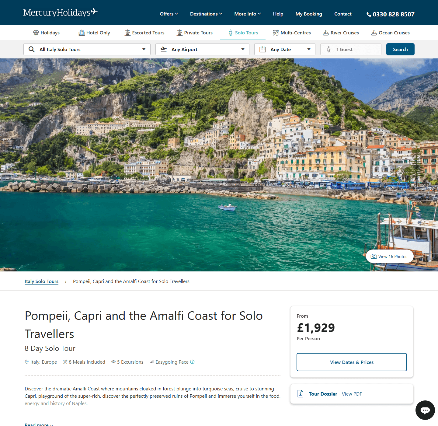 Mercury Holidays solo Amalfi Coast tour page showing the £1,929 from-price and TOUR200 offer