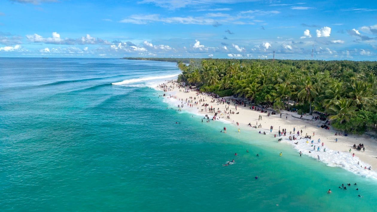 An aerial view of a tropical beach with swimmers in turquoise water