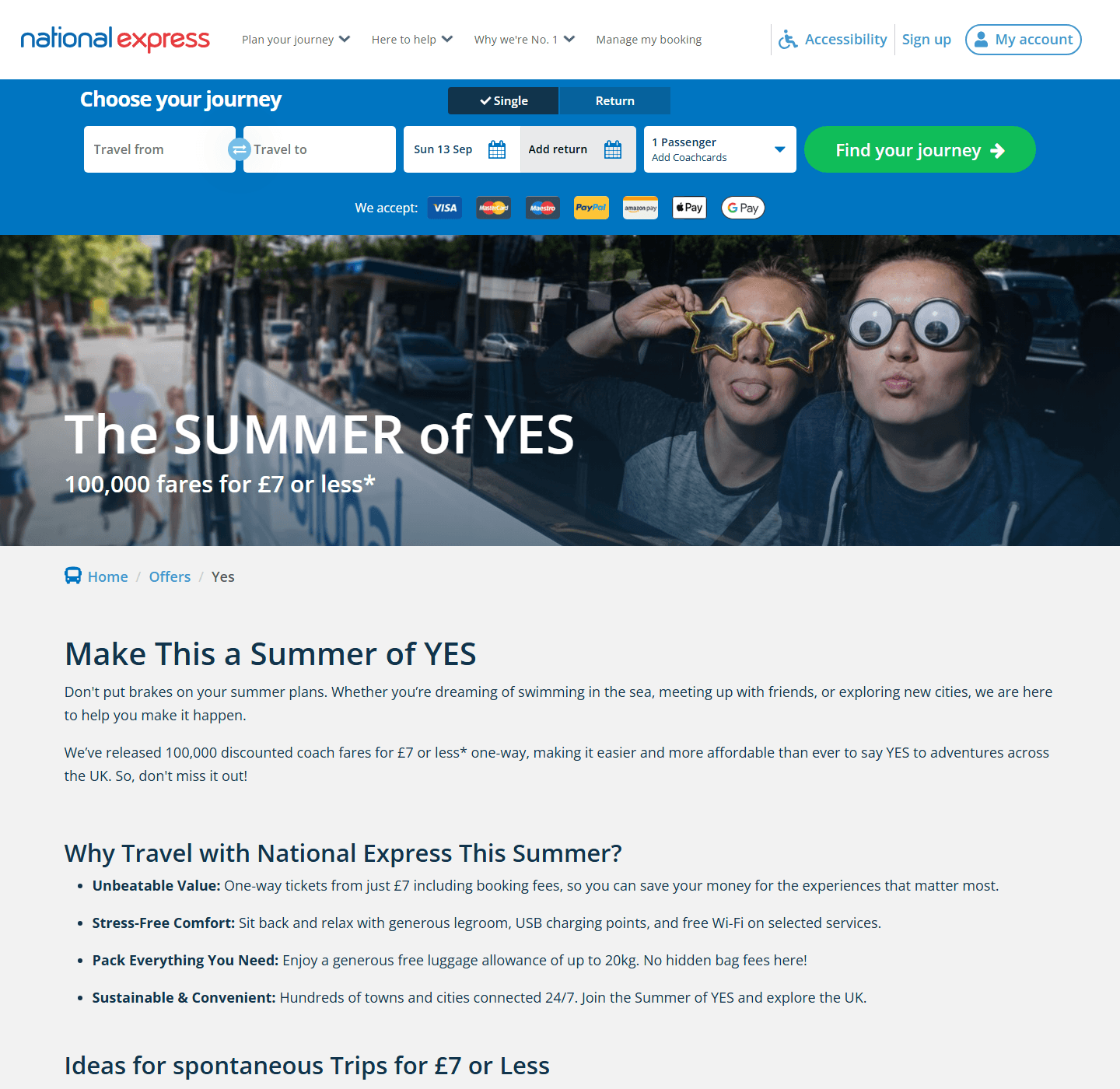 National Express Summer of YES offer page