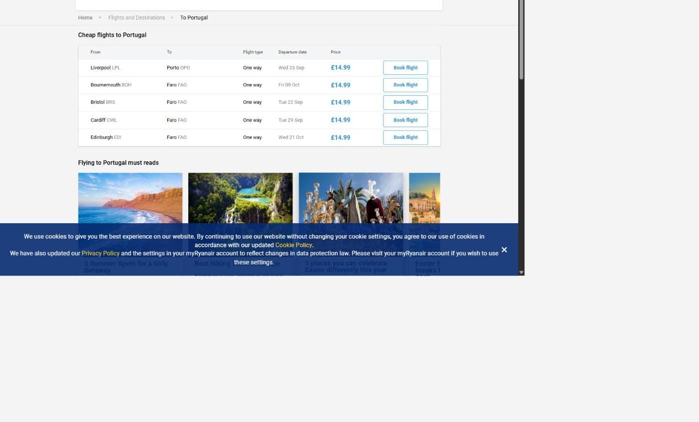 Ryanair Portugal flights page checked on 14 September 2026