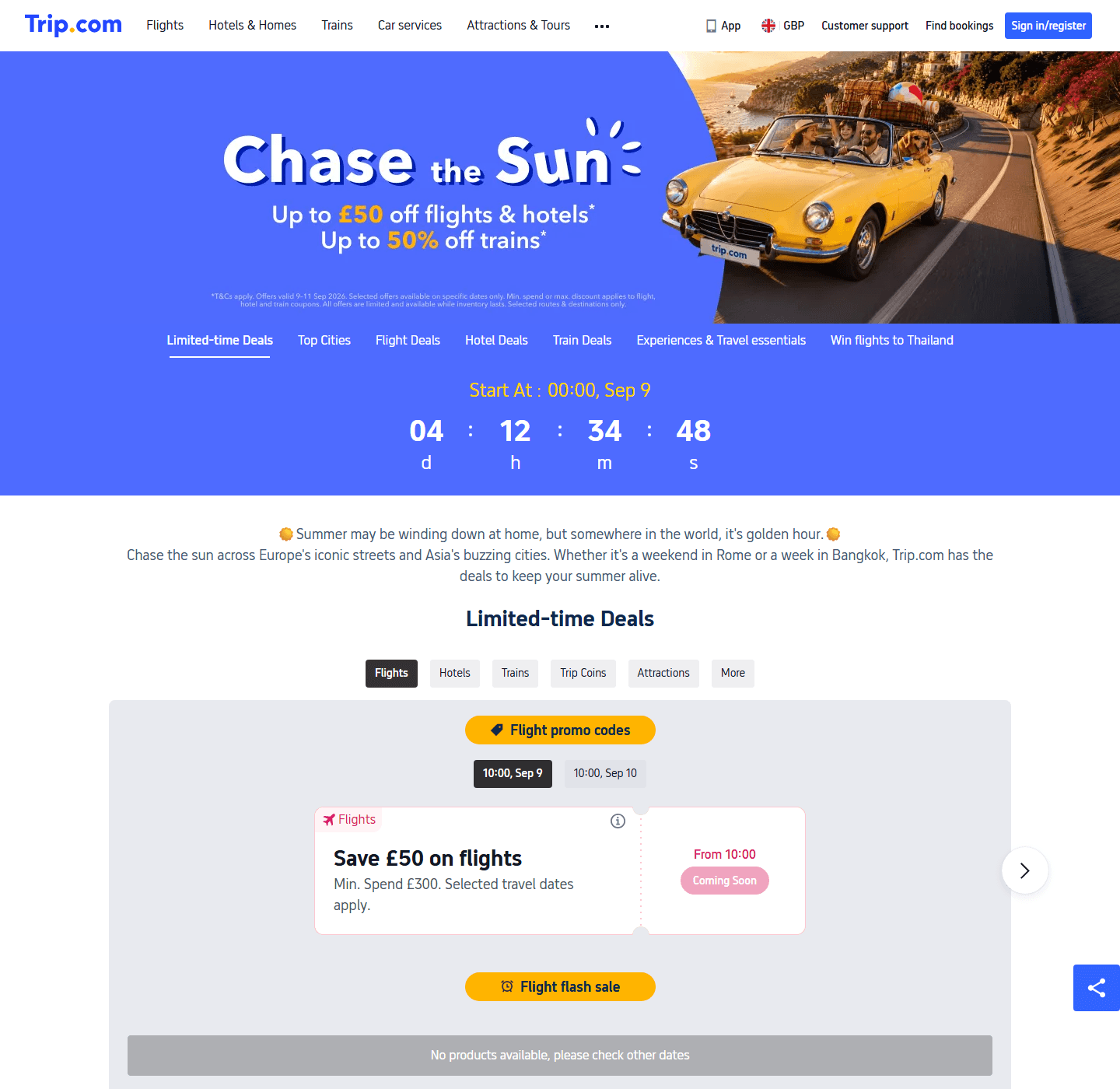 Trip.com Chase the Sun sale page showing up to £50 off flights and hotels and up to 50% off trains