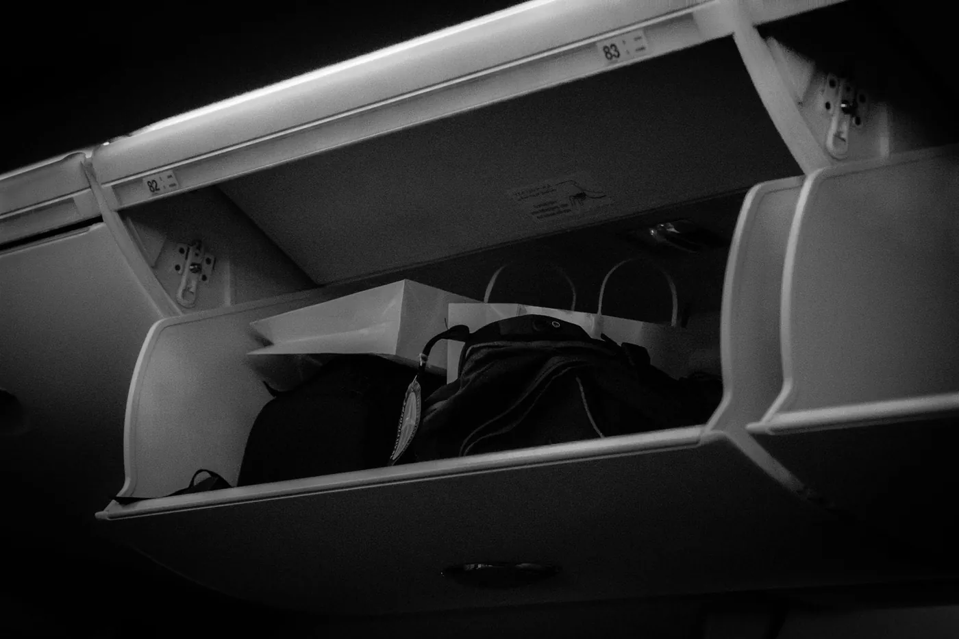 Overhead bin storage on an aircraft with passenger luggage