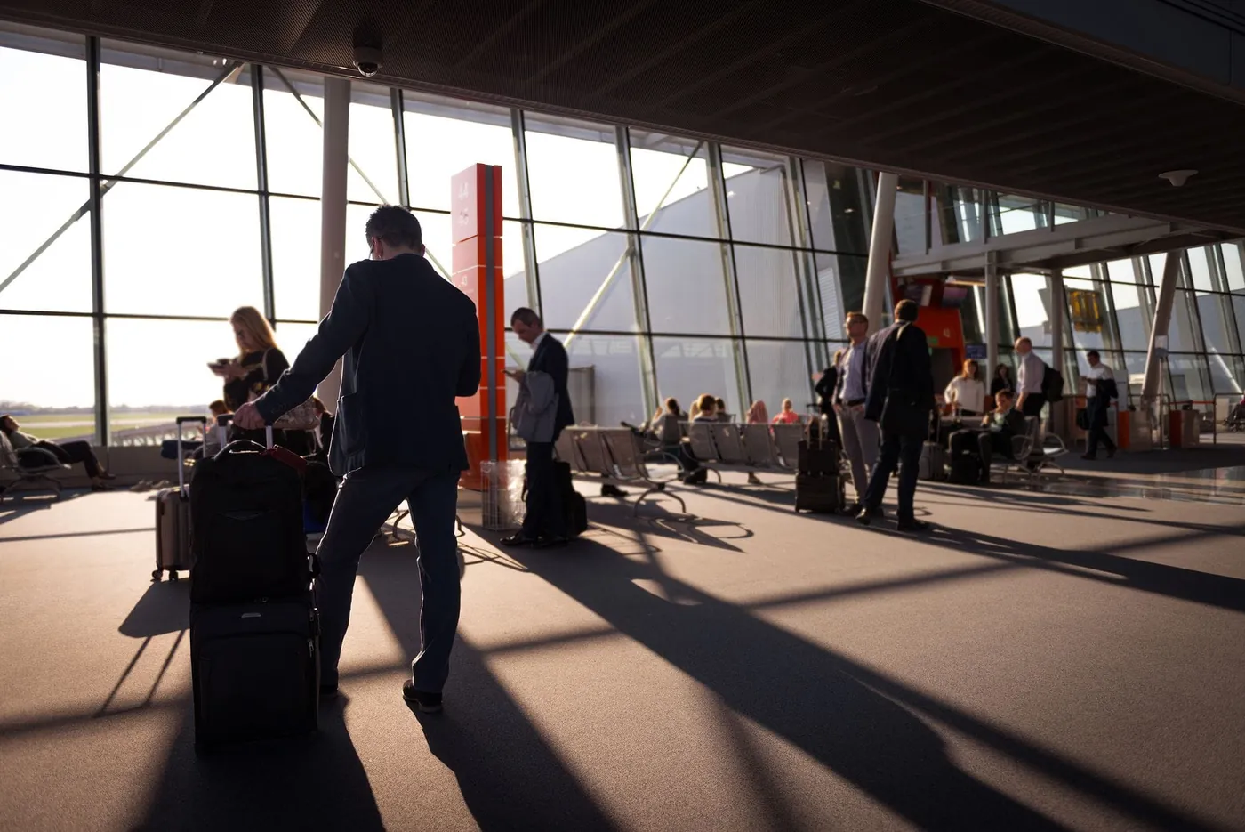 Passenger luggage and bags at an airport ready for check-in