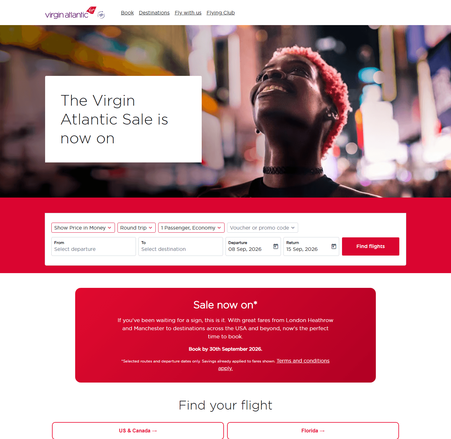 Virgin Atlantic sale page showing the 30 September 2026 booking deadline