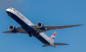 British Airways Boeing 787-9 climbing after take-off, one of the long-haul aircraft flying the BA business class sale routes