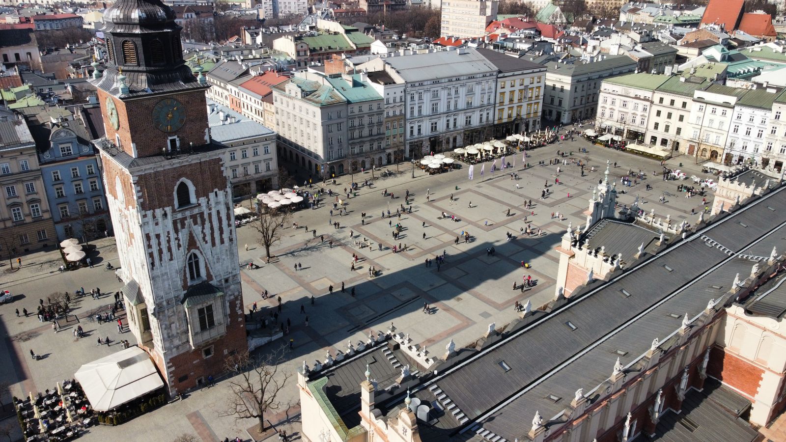 Cheapest cities in Europe: aerial view of Krakow's Market Square, with the Town Hall Tower and the Cloth Hall