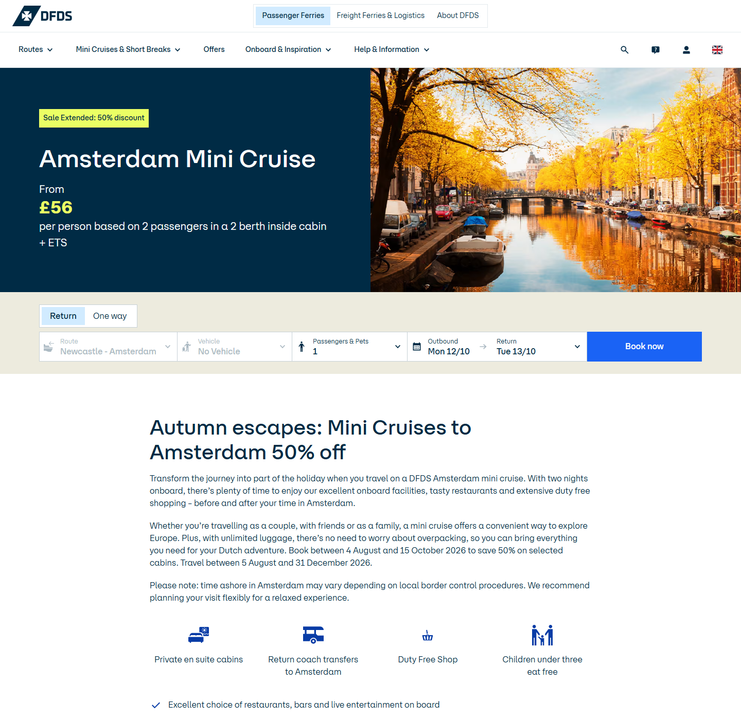 DFDS Amsterdam mini-cruise offer showing the £56 starting price and 50% selected-cabin discount
