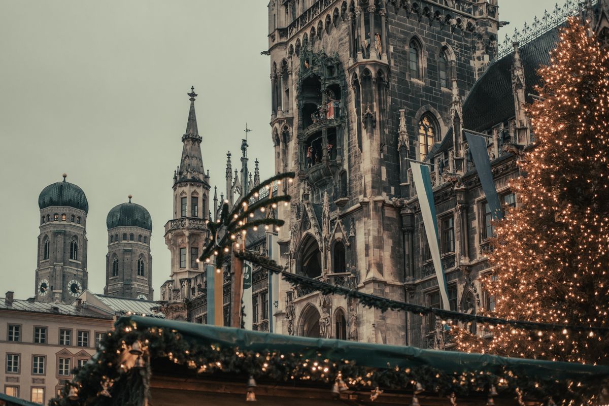 Munich's Marienplatz Christmas market in front of the New Town Hall, the Bristol to Munich fare destination