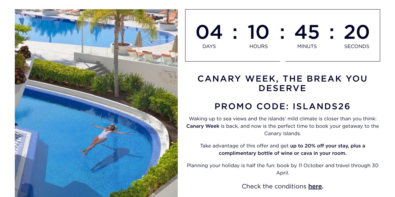H10 Hotels offers page showing the Canary Week promotion with code ISLANDS26