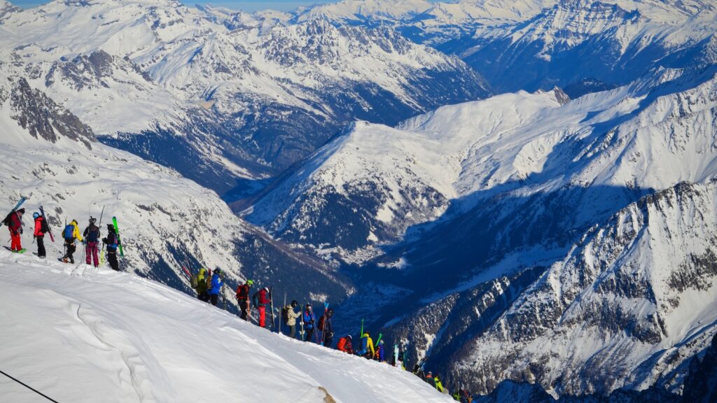 Skiers on the snowy Mont Blanc slopes in the French Alps