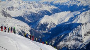 Skiers on the snowy Mont Blanc slopes in the French Alps