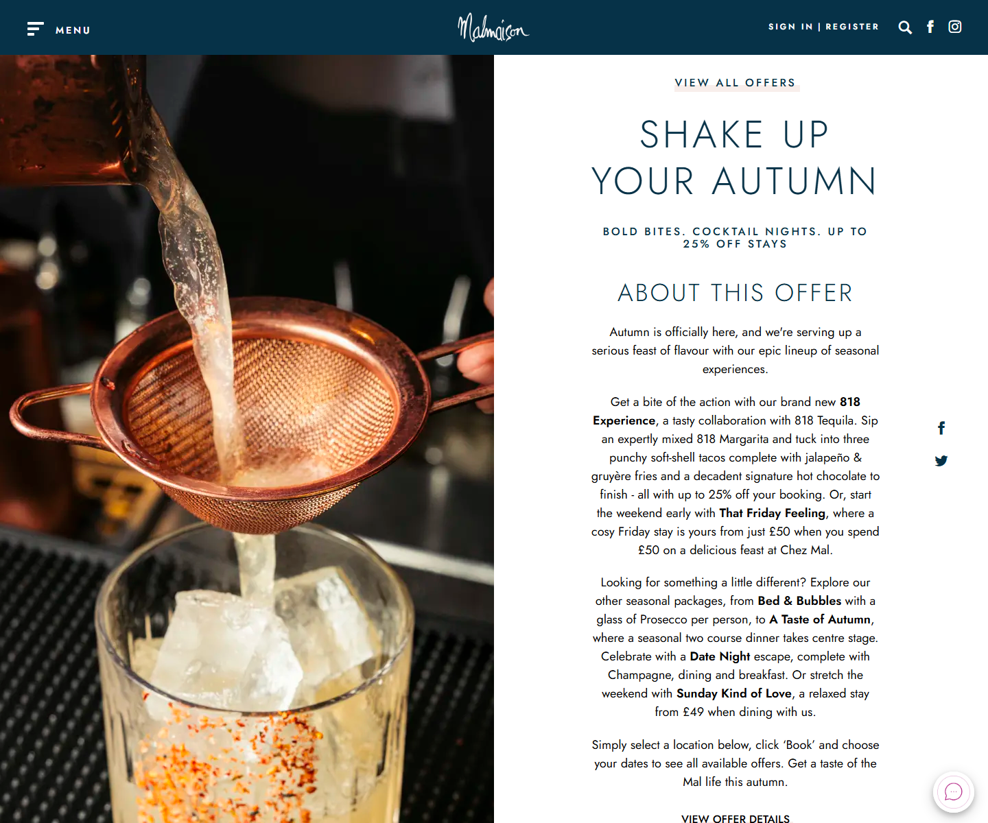 Malmaison Shake up your Autumn offer page showing up to 25% off stays