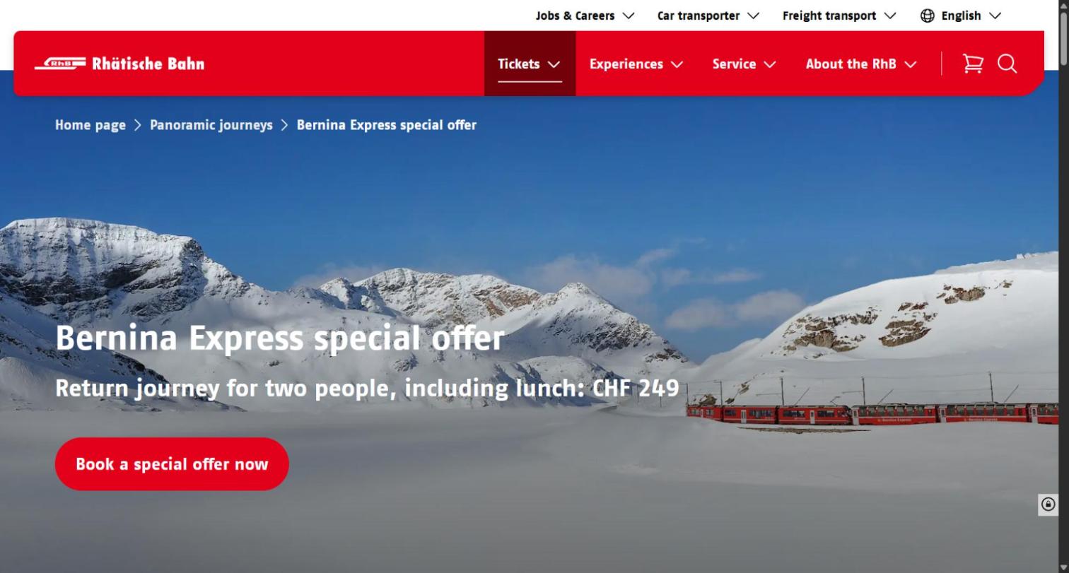 Rhaetian Railway's Bernina Express special offer page showing a return journey for two people, including lunch, for CHF 249