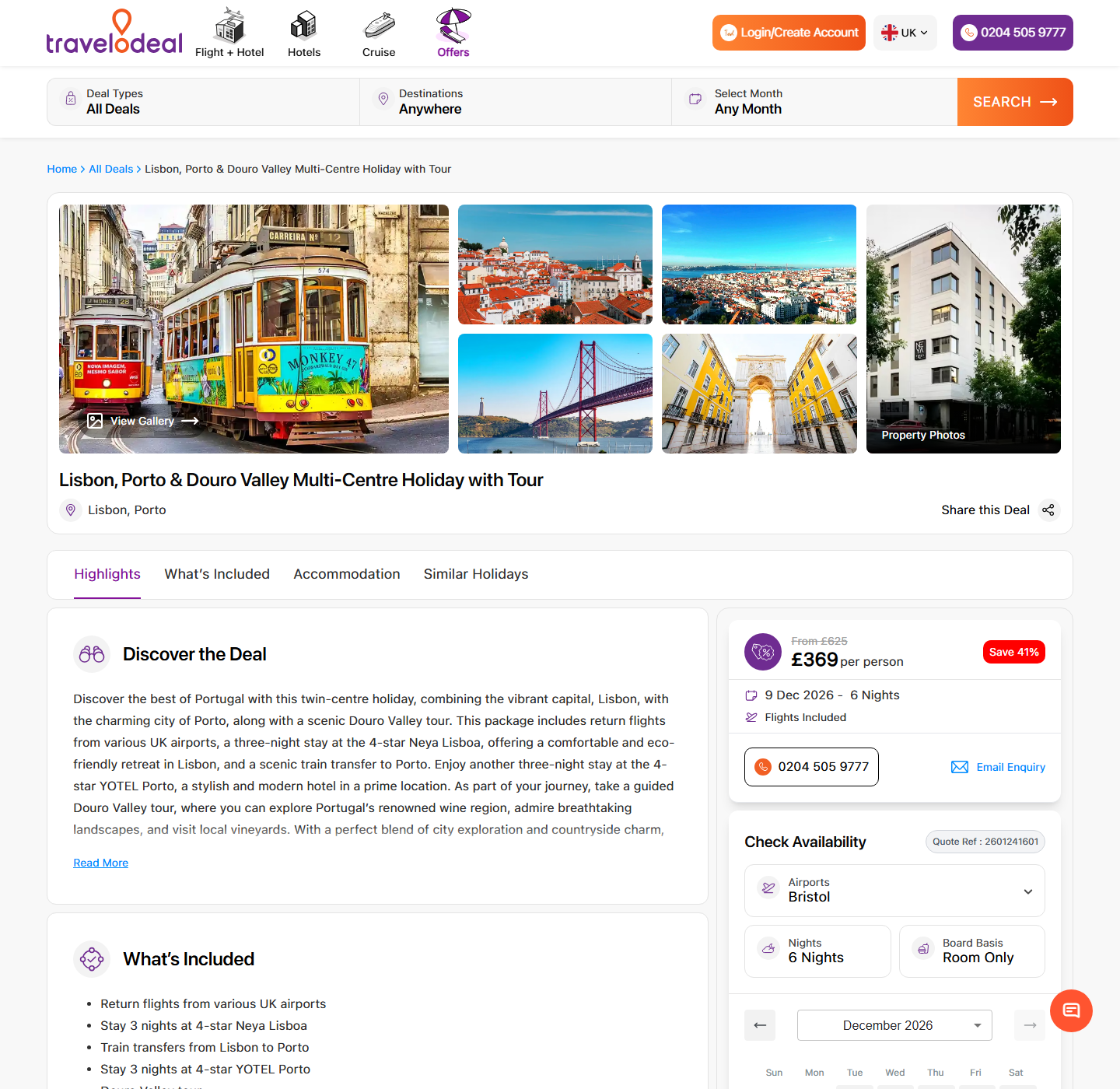 Travelodeal Lisbon and Porto package page showing £369 price, Bristol departure and six nights