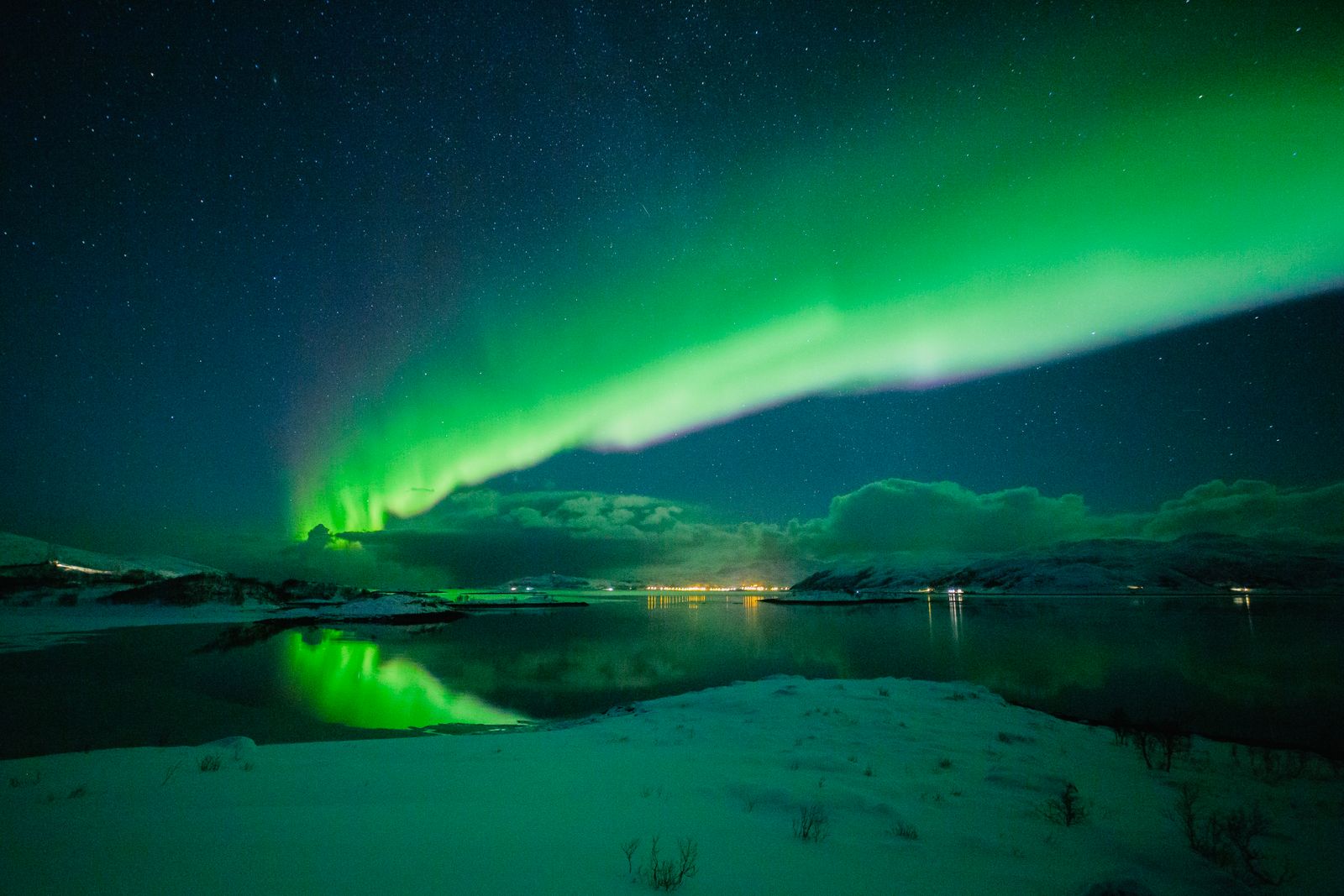 Is Tromso expensive: green northern lights over a snowy fjord shore near Tromso in Norway