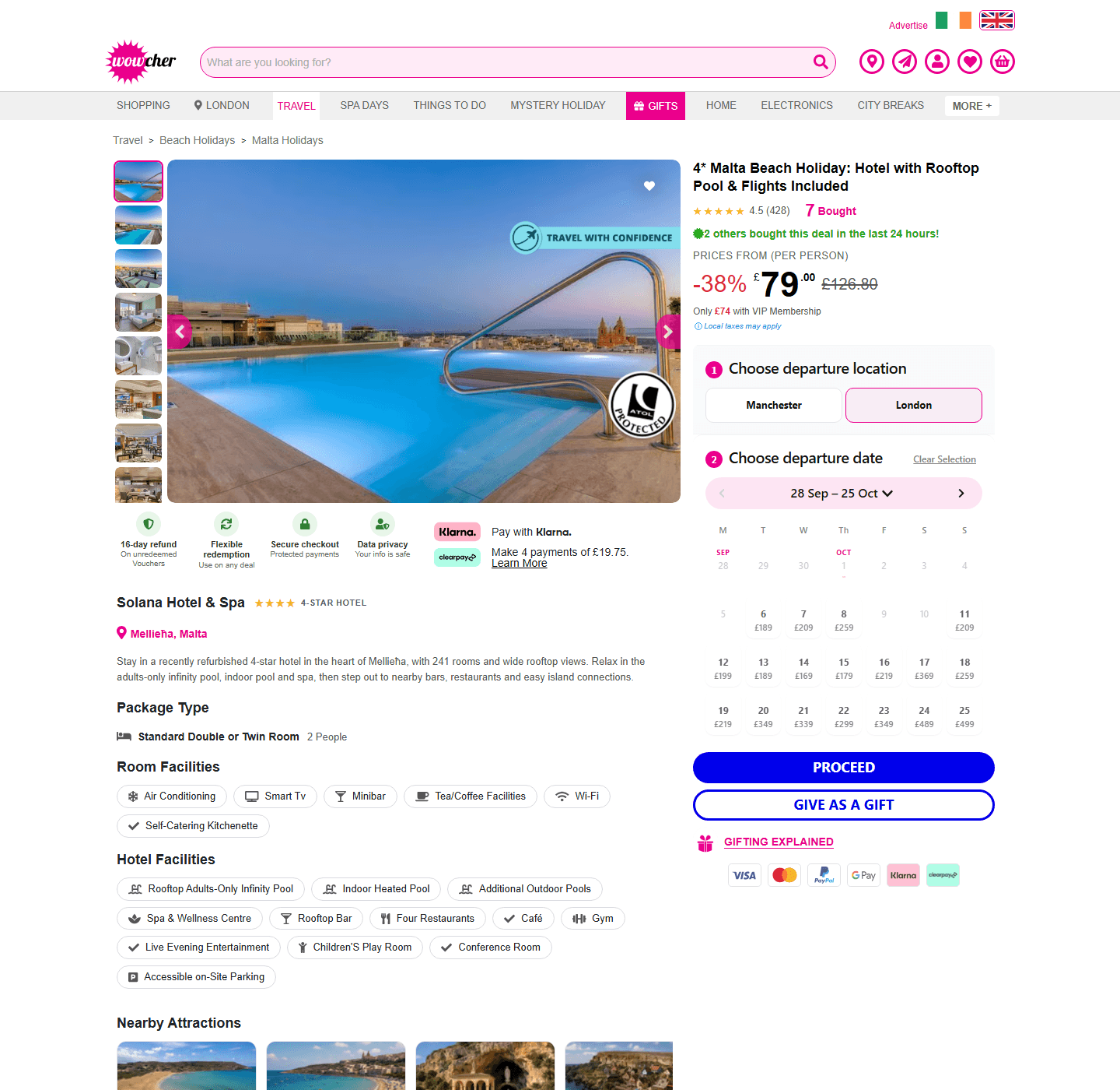 Wowcher Malta page showing the £79 lead price, 38% saving and London or Manchester departure options
